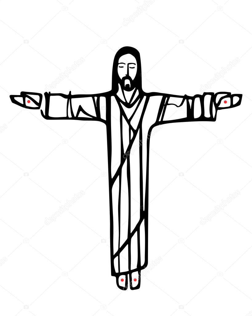 Hand drawn vector illustration or drawing of Jesus Christ with open arms