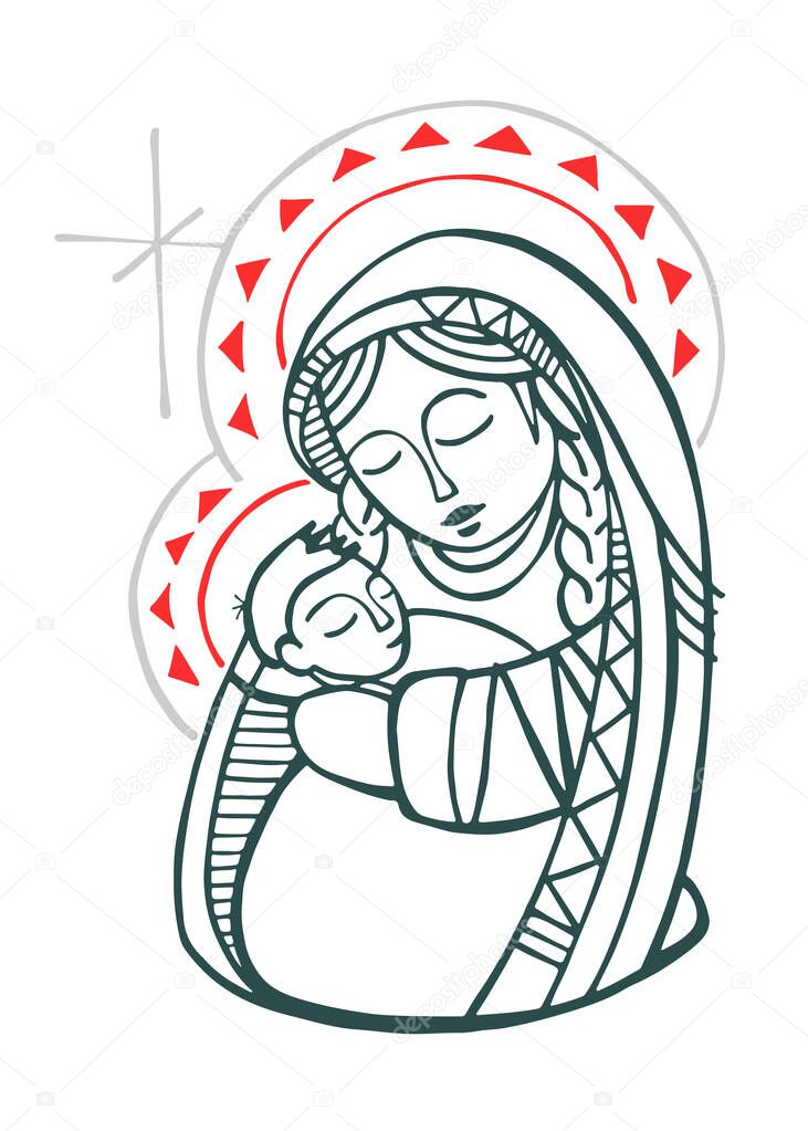 Digital illustration or drawing of Virgin Mary with Baby Jesus in indigenous style