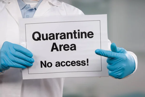 Doctor Hand Medical Gloves Showing Quarantine Sign Front Restricted Area — Stock Photo, Image