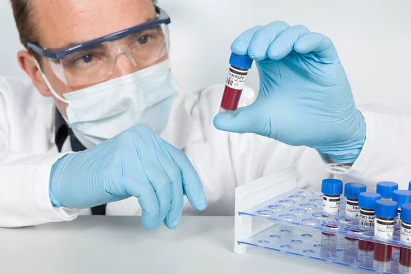 scientist works with medical gloves and medical face mask with blood samples in a tube rack