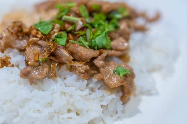 Makanan Thailand, daging babi goreng dengan bawang putih renyah — Stok Foto