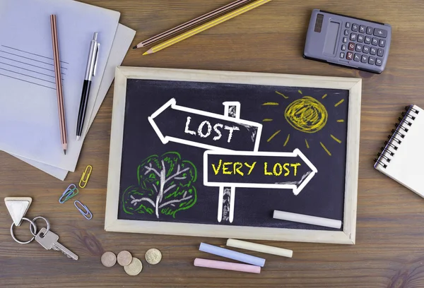 Lost - Very Lost signpost drawn on a blackboard — Stock Photo, Image