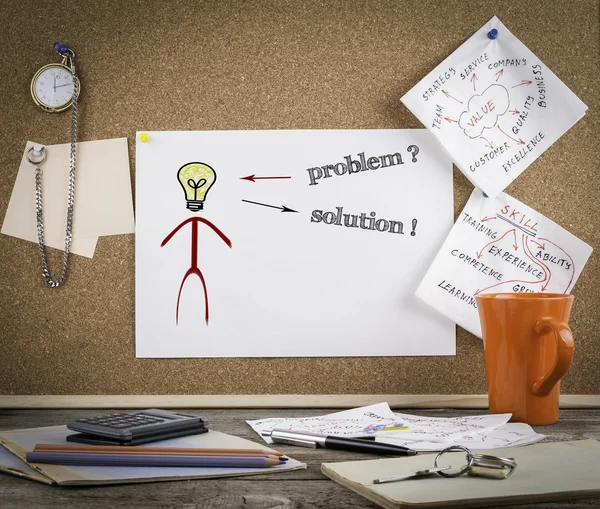 Problem, Idea, Solution concept on cork board. Wooden office des — Stock Photo, Image