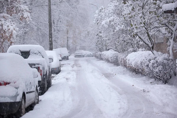 Parked cars covered with snow - snow storm — Stock Photo, Image