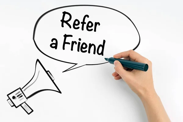 Refer a Friend. Megaphone and text on a white background