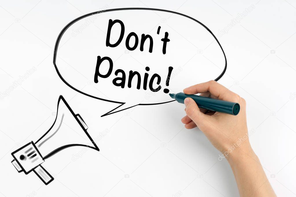 Don't Panic! Megaphone and text on a white background