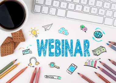 Webinar, iş kavramı. Beyaz Ofis Masası