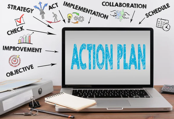 Action Plan koncept. Office skrivbord med en bärbar dator — Stockfoto