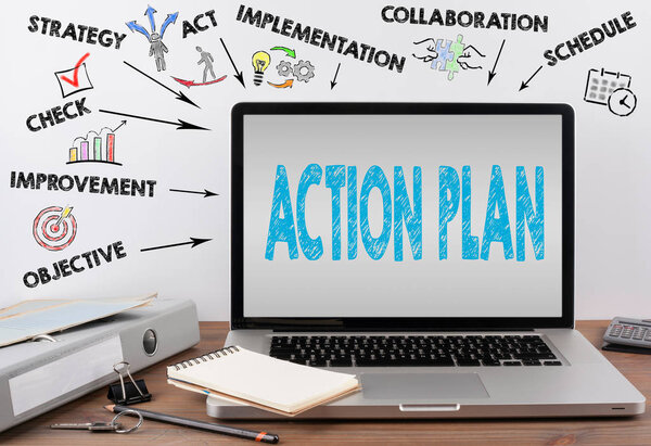 Концепция плана действий. Рабочий стол с ноутбуком
