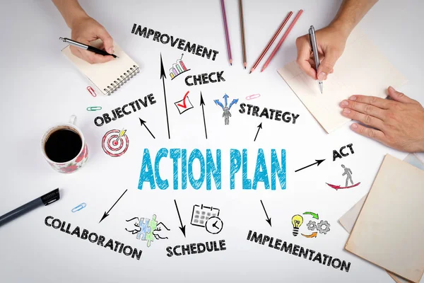 Action Plan koncept. Mötet i tabellen vit office — Stockfoto
