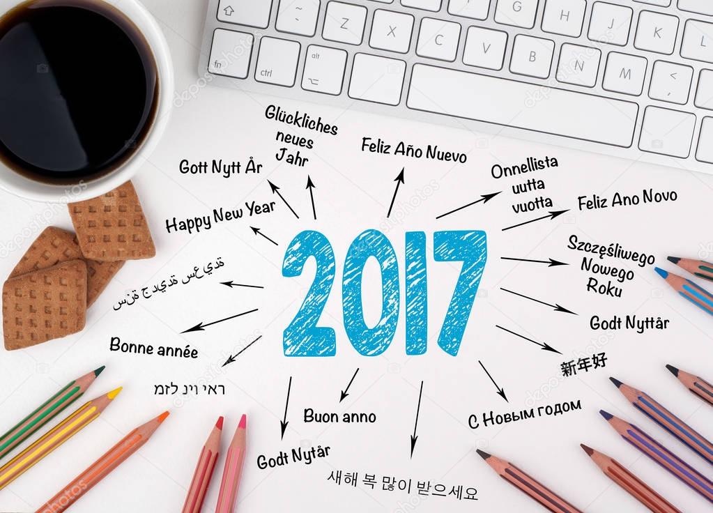 2017 Happy New Year in different languages. White office desk