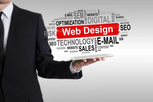 Concepto de Diseño Web. Hombre sosteniendo una tableta —  Fotos de Stock