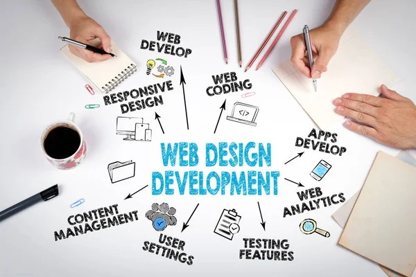 Concepto de Diseño y Desarrollo Web. La reunión en la mesa de la oficina blanca — Foto de Stock