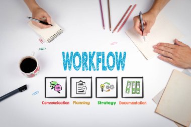 Workflow Konsepti. Beyaz ofis masasındaki toplantı.