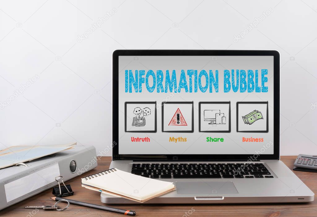 Information Bubble. Office desk with a laptop.