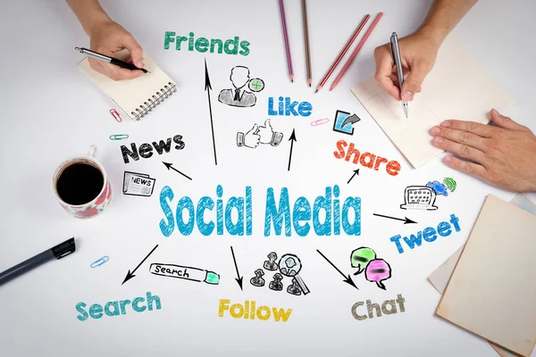 Έννοια των κοινωνικών μέσων μαζικής ενημέρωσης. Η συνάντηση στο λευκό γραφείο τραπέζι — Φωτογραφία Αρχείου