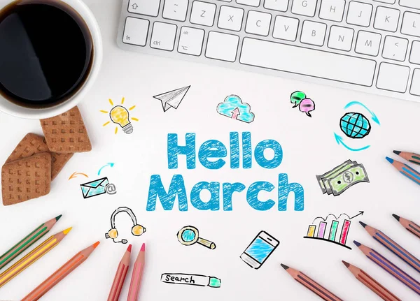 Hello March, Business concept. White office desk