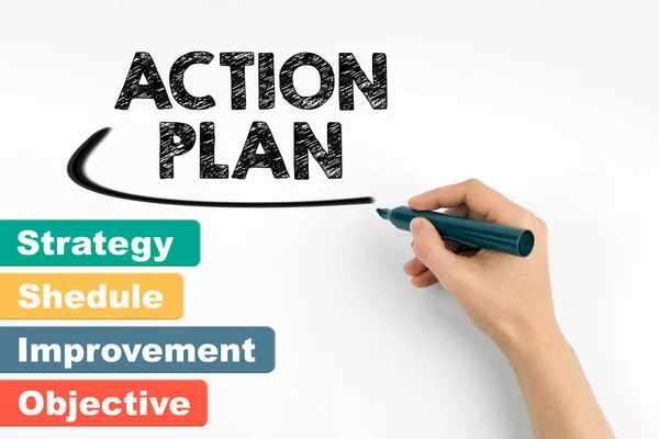 Action plan business concept. Hand with marker writing — Stock Photo, Image