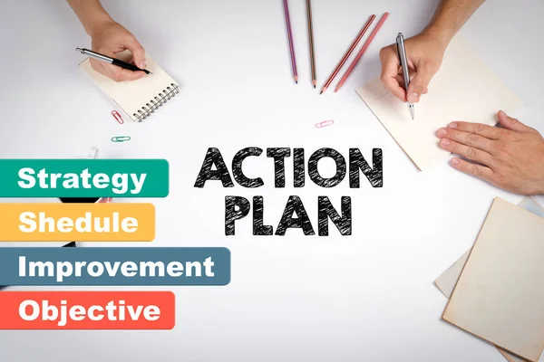 Action plan affärsidé. Mötet i tabellen vit office — Stockfoto