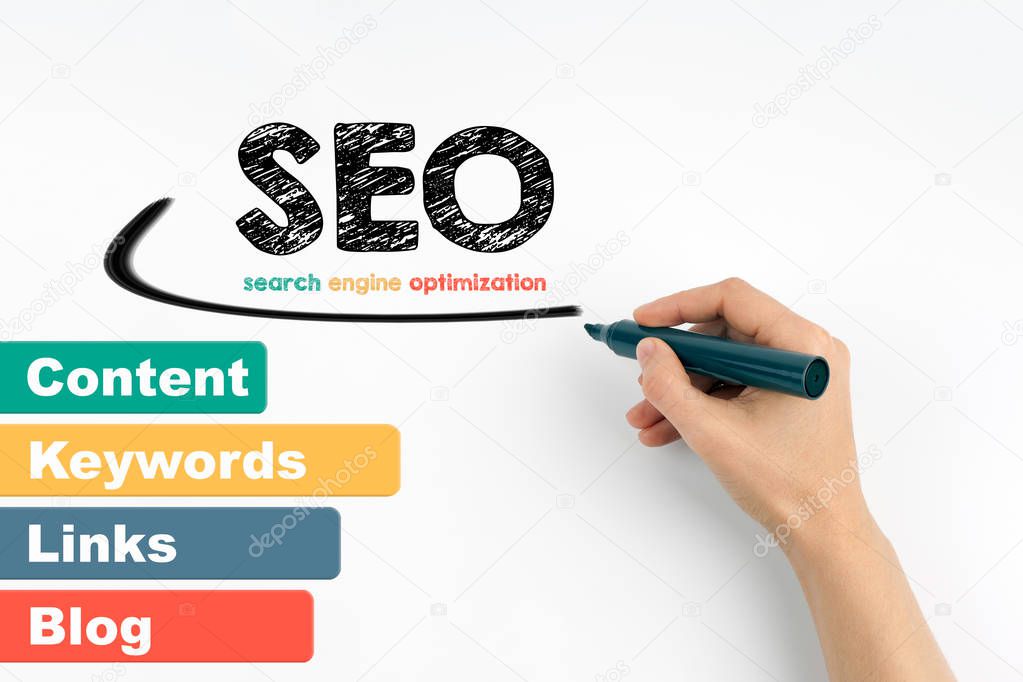 seo search engine optimization, business concept. Hand with marker writing