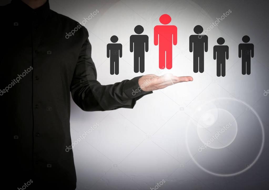 Businessman choosing right partner from many candidates. Cloud and application software icons