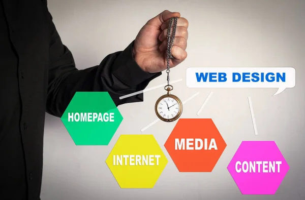 Diseño Web, concepto de negocio. Flecha Roja e Iconos alrededor. Hombre sosteniendo reloj de cadena sobre fondo blanco —  Fotos de Stock