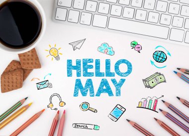 Mayıs, iş kavramı Merhaba. Beyaz Ofis Masası