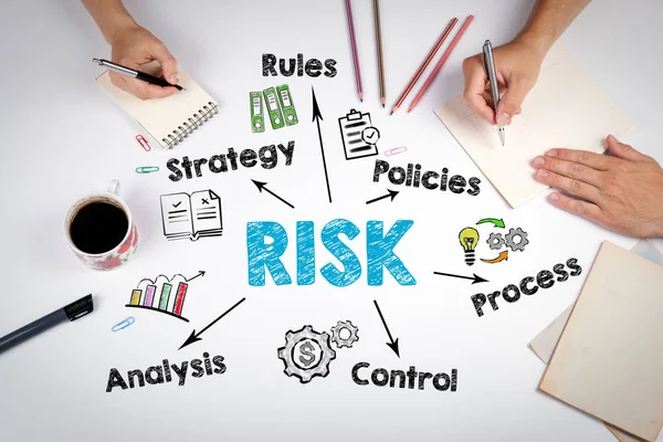 Conceito de gestão de riscos. A reunião na mesa do escritório branco — Fotografia de Stock