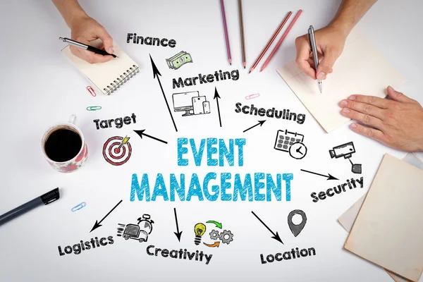 Event management koncept. Mötet i tabellen vit office — Stockfoto