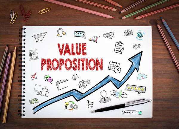 Value Proposition, Business Concept. Taccuini, penne e matite colorate su un tavolo di legno — Foto Stock