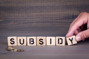 Subsiday. Koyu arka plan üzerinde ahşap harfler