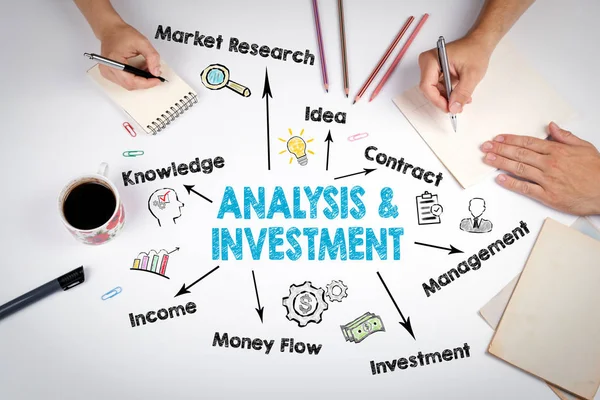 Analizy i koncepcja inwestycji. Wykres z słowa kluczowe i ikony — Zdjęcie stockowe