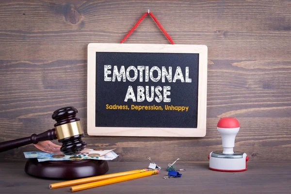 Emotional Abuse concept. Sadness Depression Unhappy. Chalkboard on a wooden background — Stock Photo, Image