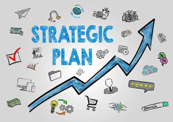 Plan Estratégico Concepto. Flecha con palabras clave e iconos sobre fondo gris — Foto de Stock