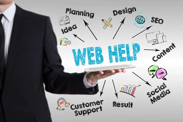 Web Help, website development Concept. Young man holding a tablet computer