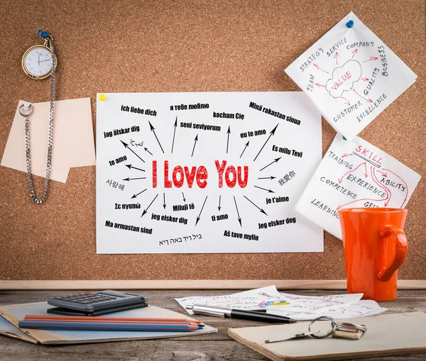 I love you Concept. Chart with text in different languages. Communication and love background. Wooden office desk with a big mess