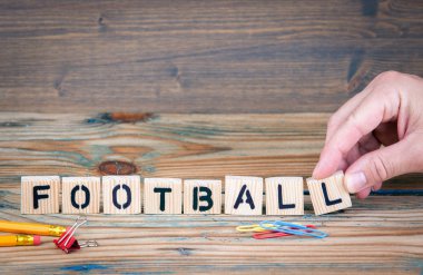 Futbol. Ofis Masası ahşap harfler. Spor Eğlence ve Rekreasyon arka plan
