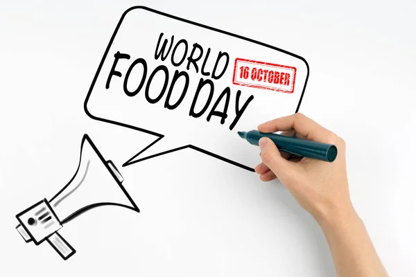 世界粮食日 10 月 16 日。扩音器和白色背景上的文字 — 图库照片
