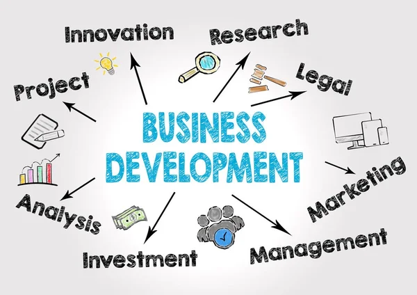 Business Development Concept. Grafico con parole chiave e icone su sfondo grigio — Foto Stock
