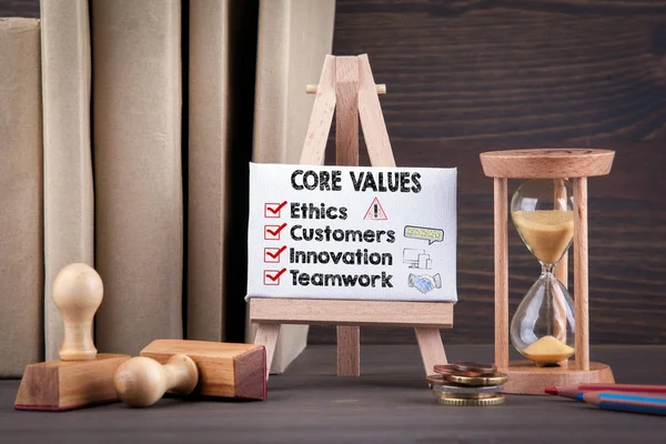 Core Values concept with icons. Sandglass, hourglass or egg timer on wooden table