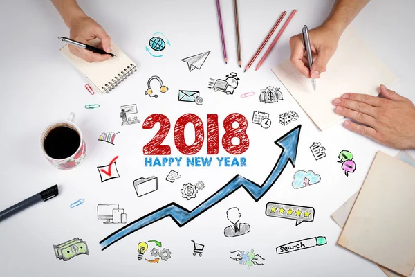 2018 Happy new year. The meeting at the white office table — Stock Photo, Image