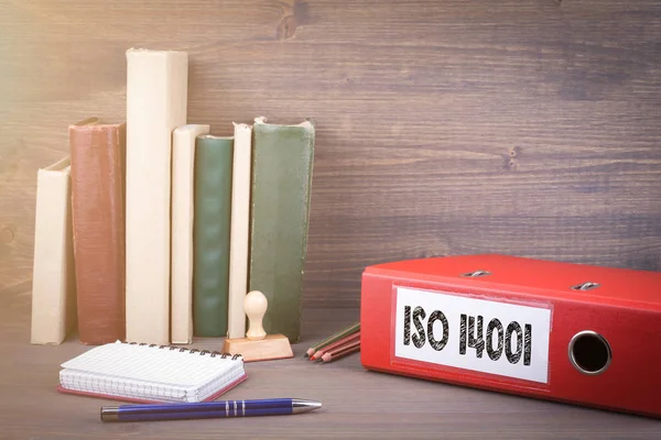 ISO 14001. Binder on desk in the office. Business background — Stock Photo, Image