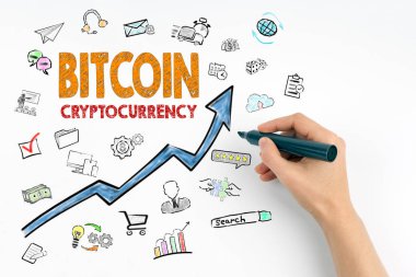 Bitcoin Cryptocurrency kavramı. El işareti yazı ile