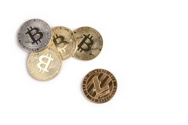 Krypto valuta, silver och golden bitcoin. Litecoin på vit bakgrund — Stockfoto