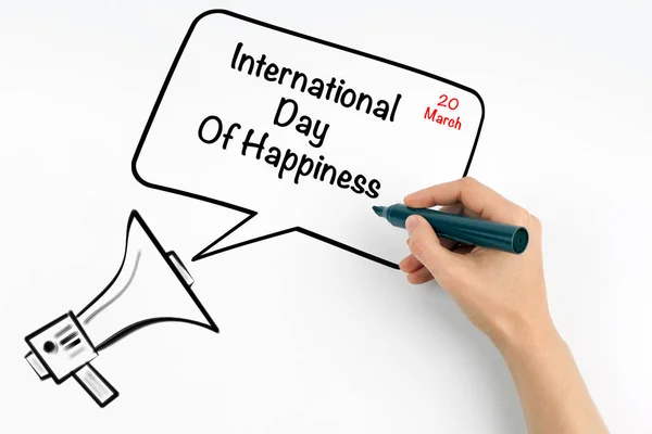 20 marca Międzynarodowy Dzień szczęścia. Megafon i tekst na białym tle — Zdjęcie stockowe