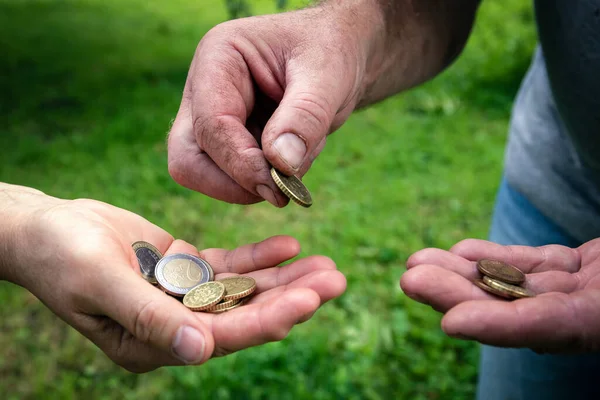 Coins in hands of two old man. Counting and sharing money