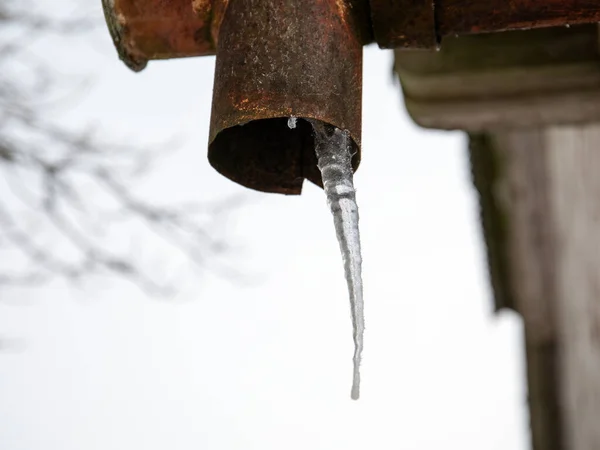 排水管の上でつららを溶かす。解凍温度の変動 — ストック写真