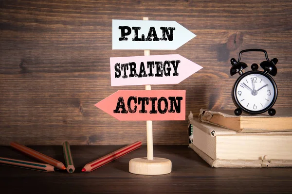 Plan, estrategia y acción. Concepto de Marketing, Negocios y Ventas — Foto de Stock