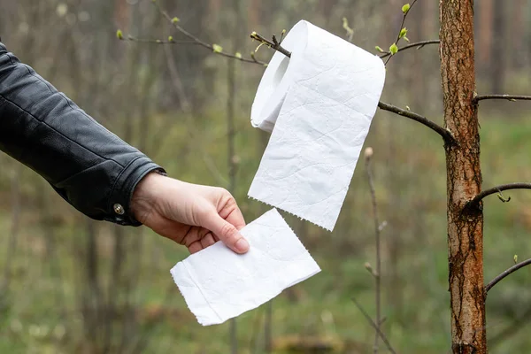 Papier toaletowy na gałęzi w lesie, koncepcja higieny i infrastruktury toaletowej — Zdjęcie stockowe