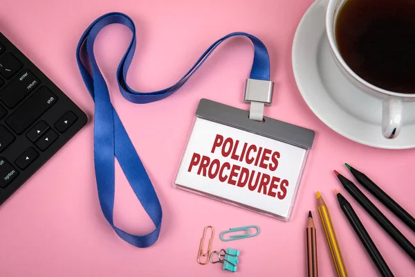POLICIES and PROCEDURES concept. Staff Identity, cup of coffee and black computer keyboard — Stock Photo, Image